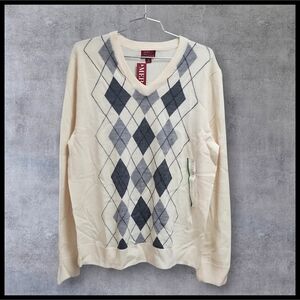 NWT Merona 100% Merino Wool Argyle Vneck Sweater Cream Silver Gray Men's Medium